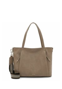 Leder-Tote-Bag in Taupe mit zwei oberen Griffen und einem gemusterten Schulterriemen. Verfügt über Reißverschlusstaschen an den Seiten und dezentes Branding.