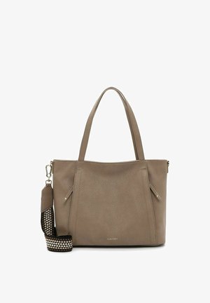 Leder-Tote-Bag in Taupe mit zwei oberen Griffen und einem gemusterten Schulterriemen. Verfügt über Reißverschlusstaschen an den Seiten und dezentes Branding.