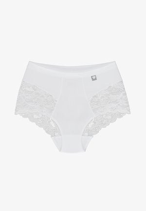 Bílé kalhotky se hladkým mikrovláknovým předním dílem a propracovanými krajkovými bočními částmi se vlnitými okraji. Obsahují malé logo na přední straně.