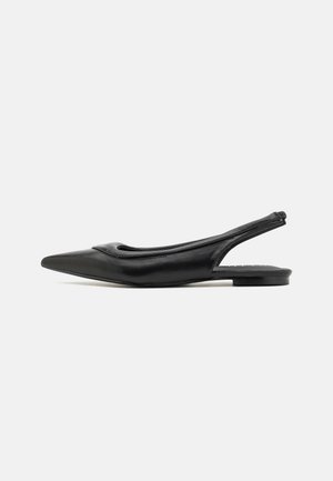 Schwarze Leder Slingback-Ballerschuhe mit spitzem Zehenbereich, glatter Textur und niedrigem Absatz, mit einem Ausschnitt-Design an der Vorderseite.