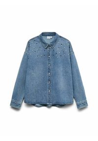 Camicia di jeans azzurra, dotata di bottoni a pressione, colletto classico e borchie decorative in argento sulle spalle e sul petto. Maniche lunghe.