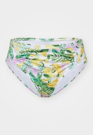 Magas derékú bikini alsó rugalmas anyagból, amely trópusi mintázattal rendelkezik, sárga banánokkal, zöld levelekkel és rózsaszín virágokkal.