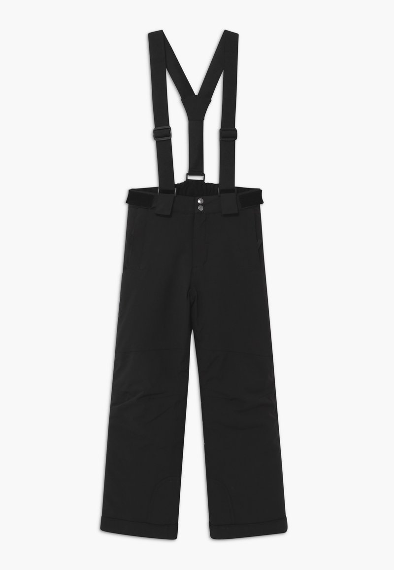 Pantalons imperméables noirs avec bretelles réglables, poches zippées, coupe large et sections de genoux renforcées pour plus de durabilité.