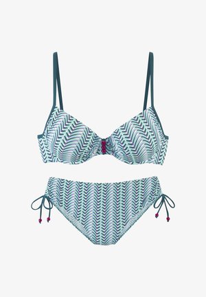 Bikini-Set mit einem grün, lila und weißen Zickzackmuster. Mit verstellbaren Trägern und Bindebändern an den Hüften, verziert mit dekorativen Perlen.