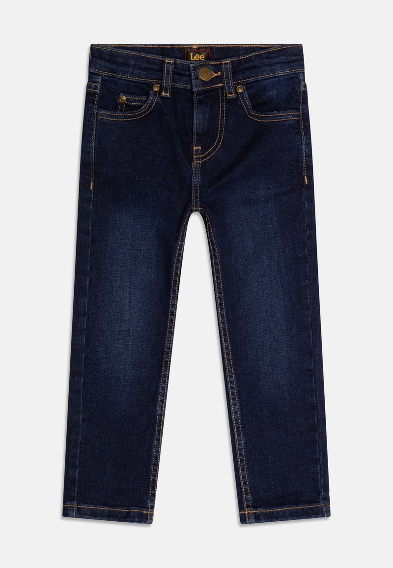 Jean en denim bleu foncé avec une coupe droite, cinq poches, des coutures contrastantes jaunes, et une fermeture par bouton à la taille.