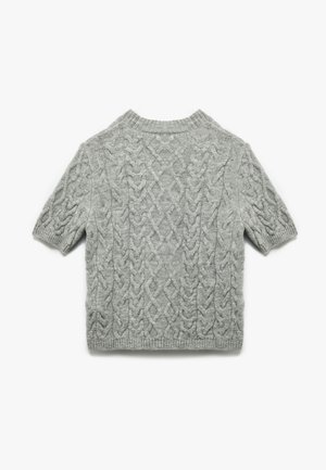 Short-sleeved, light gray knit sweater featuring a textured cable pattern and a ribbed crew neckline. Soft fabric with a relaxed fit.