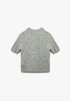Short-sleeved, light gray knit sweater featuring a textured cable pattern and a ribbed crew neckline. Soft fabric with a relaxed fit.