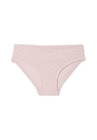 Helle rosa Baumwollslips mit glatter Textur, die kleine braune Pünktchen und einen engen Bund für Komfort aufweisen.