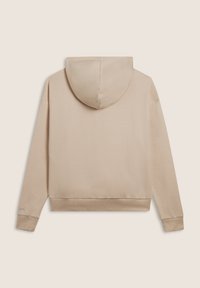 Felpa beige con cappuccio, dal design semplice, con polsini e orlo a costine. Texture liscia senza motivi o hardware visibili.