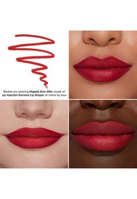 Rode lippenstift gelijkmatig aangebracht op de lippen van twee modellen met verschillende huidtinten. Inclusief een golvende rode lijn die de kleur van de lipliner vertegenwoordigt.