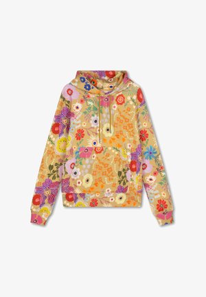 Hoodie met een bloemmotief in levendige kleuren op een beige achtergrond, met een zak aan de voorkant en geribde manchetten.