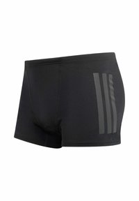 Bañadores de hombre negros con tres rayas grises verticales en el lado derecho, diseñados para un ajuste ceñido y uso deportivo.