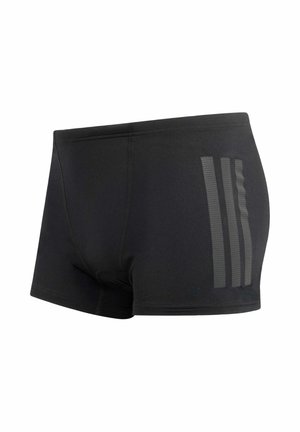 Černé pánské plavecké šortky se třemi vertikálními šedými pruhy na pravé straně, navržené pro těsný střih a sportovní použití.