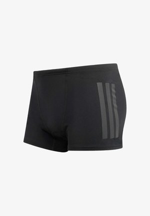 Black men's swim trunks with three vertical gray stripes on the right side, designed for a snug fit and sporty use.