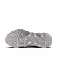 Semelle de chaussure, en caoutchouc, design ondulé et texturé, principalement gris avec des motifs de traction circulaires et carrés.