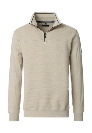 Beige half-zip pullover van gestructureerde stof, met een contrasterende marineblauwe rand op de kraag en geribde manchetten en zoom.