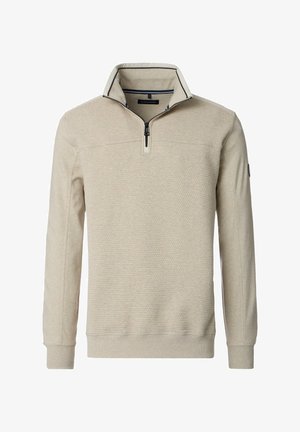 Beige quarter-zip pullover made from textured fabric, featuring a contrasting navy trim on the collar, and ribbed cuffs and hem.