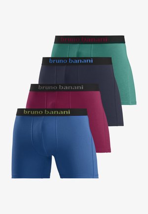 Set aus vier Boxershorts in Blau, Burgunder, Marine und Grün, mit elastischen Taillenbündchen und "bruno banani"-Branding in kontrastierenden Farben.