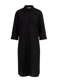 Černé halenkové šaty z lehkého materiálu, s límečkem, tříčtvrtinovými rukávy a rovnou siluetou, dosahujícími do poloviny lýtek.