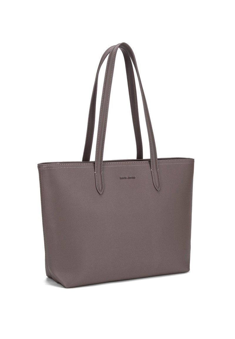 Borsa a tracolla sintetica grigia con due manici lunghi, forma rettangolare, superficie testurizzata e un piccolo logo sul davanti.