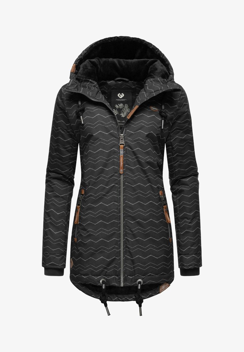 Black patterned jacket featuring zigzag design, zip front, drawstring hood, and leather accents on pockets and cuffs. Soft interior lining.