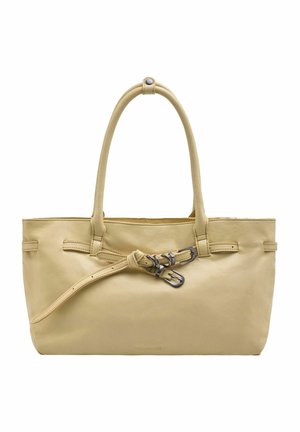 Sac à main en cuir beige avec deux poignées et une ceinture nouée décorative avec des boucles en argent sur le devant.