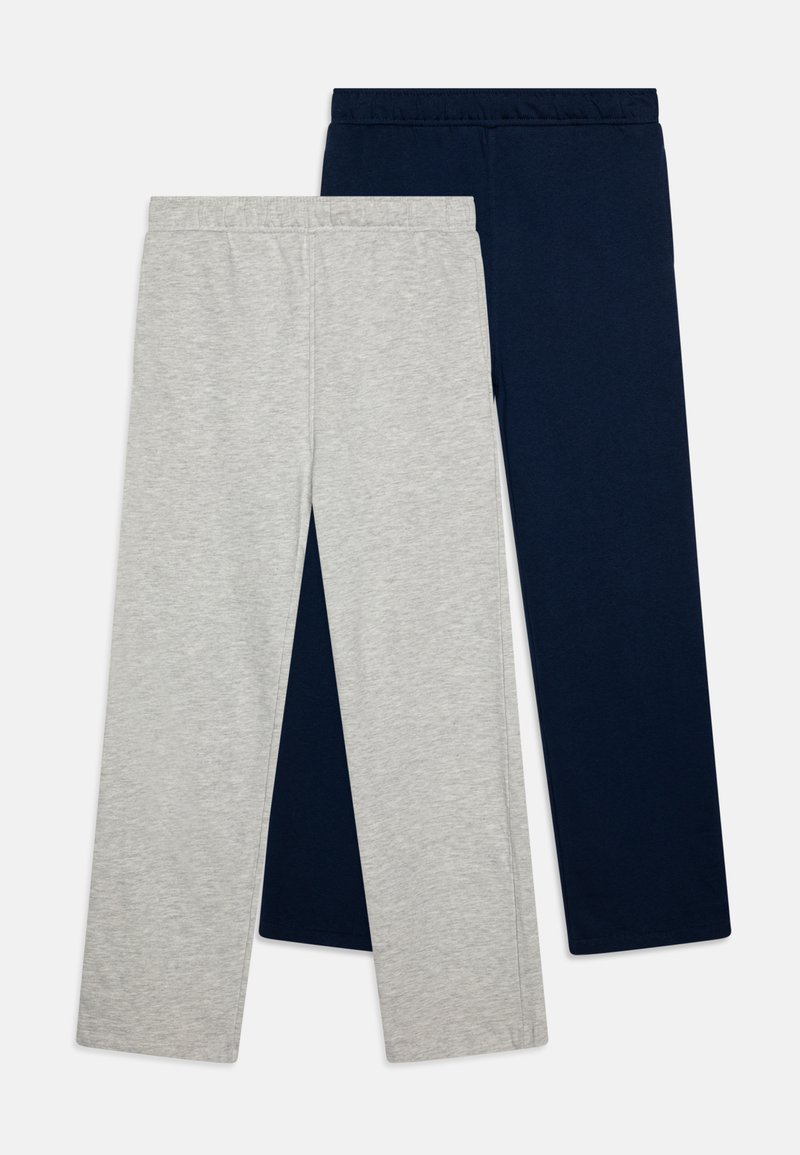 Två par tights: ett par ljusgrå och ett par marinblå. Båda har elastiska midjeband och en mjuk, slät textur. Inga mönster eller accenter.