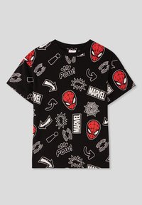 Czarna koszulka bawełniana z czerwoną głową Spider-Mana, białymi elementami graficznymi oraz hasłami takimi jak "POW!" i "MARVEL" w różnych rozmiarach i stylach.