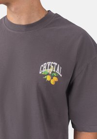 Šedé bavlněné tričko s kulatým logem, na kterém je slovo "CRYSTAL" nad květinovým vzorem s citrony a listy na oblasti hrudi.