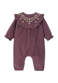 Mauve cotton jumpsuit featuring a ruffled collar with floral embroidery, long sleeves with elastic cuffs, and elasticized leg openings.