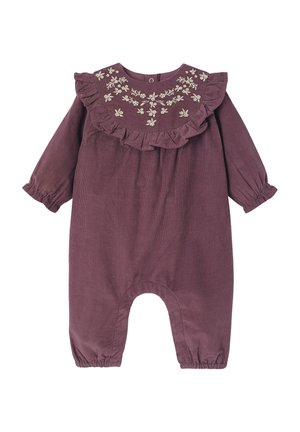 Mauvefarbener Baumwoll-Overall mit gerafftem Kragen und floralem Stickmuster, langen Ärmeln mit elastischen Bündchen und elastischen Beinöffnungen.