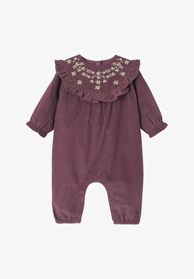 Mauve cotton jumpsuit featuring a ruffled collar with floral embroidery, long sleeves with elastic cuffs, and elasticized leg openings.