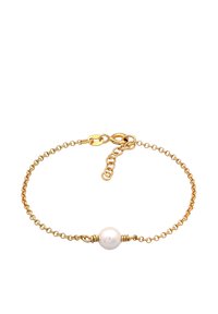 Goldene Kettenarmband mit einer zentralen Perle, zartem Design, Karabinerverschluss und verstellbarer Länge für einen sicheren Sitz.