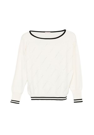 Maglione bianco leggero a maglia con vestibilità ampia, colletto nero e polsini a righe. Presenta un motivo testurizzato su tutta la superficie.