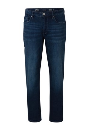 Dunkelblaue Jeans aus Denim mit geradem Beinausschnitt, fünf Taschenstil und einem Knopfverschluss mit Reißverschluss. Der Stoff hat eine glatte Textur.