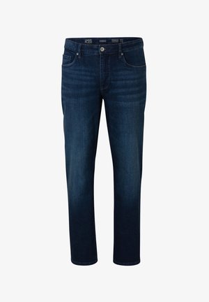 Dunkelblaue Jeans aus Denim mit geradem Beinausschnitt, fünf Taschenstil und einem Knopfverschluss mit Reißverschluss. Der Stoff hat eine glatte Textur.