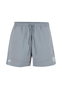 Svetlo šedé plavky vyrobené z hladkej, ľahkej tkaniny. Obsahujú elastický pás s šnúrkou, bočnú kapsu a detail s logom.