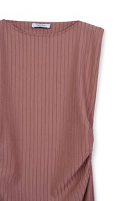 Ribbed, sleeveless top in a mauve color. Soft, textured fabric with a round neckline and folded detailing on the side. Brand label visible.