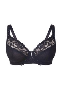 Musta pitsinen rintaliivi kukkakuviolla ja alatuella, säätövarsilla varustettuna sekä koristeellisella keskikoristeella.