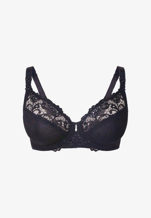 Sostén de encaje negro con diseño floral y soporte de aros, que cuenta con tirantes ajustables y un acento decorativo en el centro.