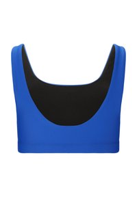 Blå sportbh med en slät textur, med en bred svart rygg och en rundad halsringning för komfort och stöd.