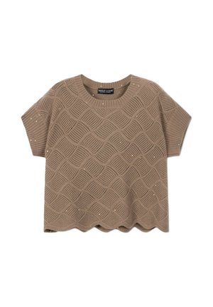 Bruin gebreid T-shirt met korte mouwen en een golfpatroon, geribde boorden en een gegolfde zoom, met subtiele glinsterende accenten.