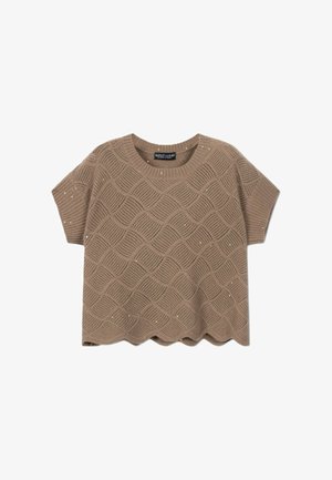 Bruin gebreid T-shirt met korte mouwen en een golfpatroon, geribde boorden en een gegolfde zoom, met subtiele glinsterende accenten.