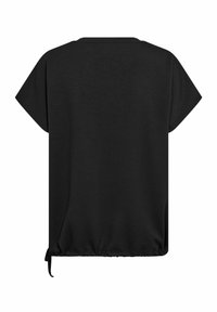 Top negro de manga corta con cuello redondo, dobladillo elástico y detalle de lazo lateral. Fabricado en un tejido suave y transpirable. Vista posterior.