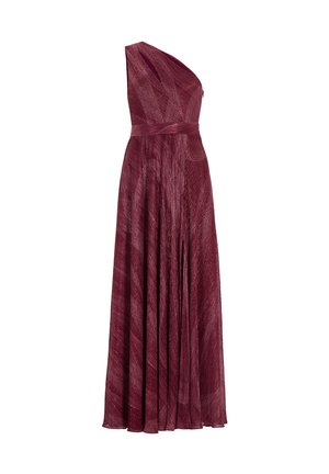 Vestido burdeos de un solo hombro hecho de un tejido texturizado, con una cintura ajustada y una falda fluida, que presenta pliegues y un elegante drapeado.