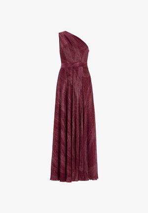 Burgundy one-shoulder gown made of textured fabric, with a fitted waist and flowing skirt, featuring pleats and an elegant drape.