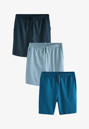 Trei perechi de pantaloni scurți sport: albastru închis, albastru deschis și teal. Aceștia au talie elastică, buzunare laterale și o textură netedă.
