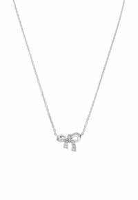 Zilveren ketting met een strikvormige hanger, versierd met heldere stenen, en voorzien van een delicate ketting met een gladde, gepolijste afwerking.