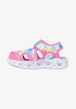 Pink and blue open-toe sandals with cloud and star patterns, featuring a strap design, heart-shaped sole details, and a flexible construction.
