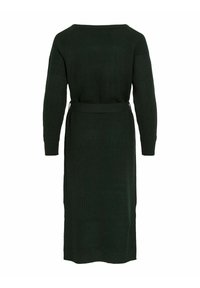 Długa, ciemnozielona dzianinowa sukienka z teksturowanym wzorem. Posiada długie rękawy oraz dopasowany pasek w talii dla lepszego dopasowania.